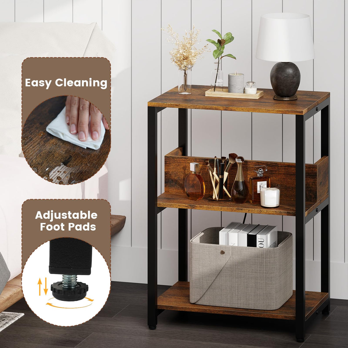 Goflame Side Table with Charging Station - Industrial 3-Tier Bedside Table w/Open Storage Shelves