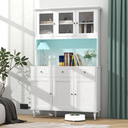 Goflame Pantry Cabinet, 77” Tall Buffet Cabinet with Hutch, LED Lights & Charging Station