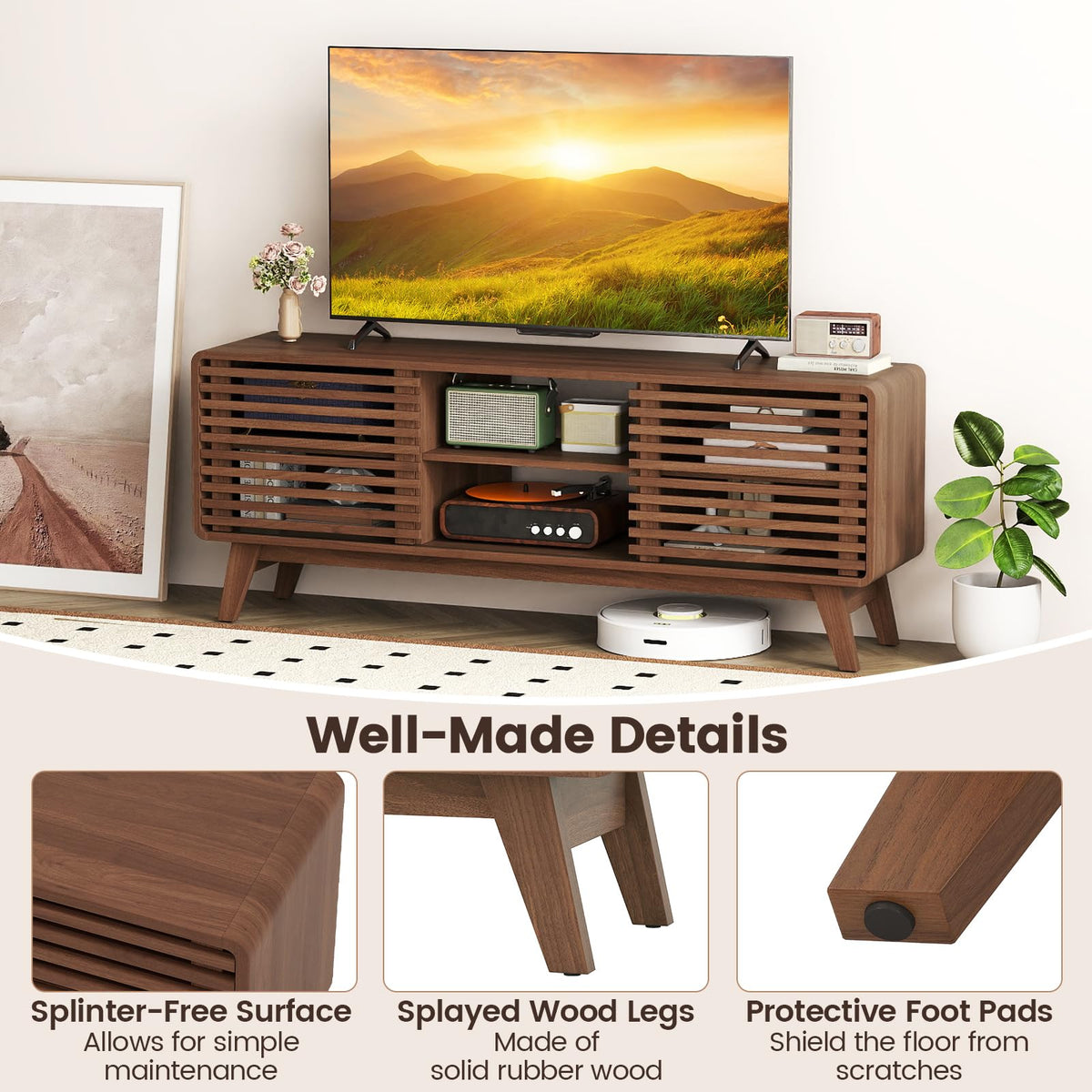 Goflame TV Stand for 60/65 Inch TV | Mid-Century Modern Entertainment Center with Storage Cabinet
