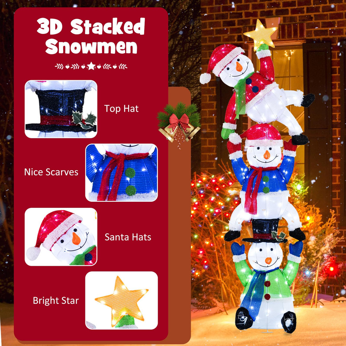 Goflame 6 ft Christmas Stacked Snowman, 3D Pre-Lit Snowman Decoration w/ 155 LED Lights