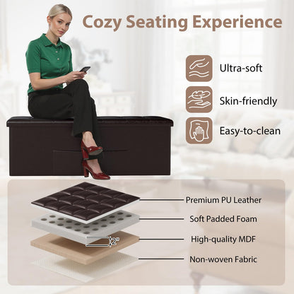 Goflame 43 Inches Folding Storage Ottoman Bench Upholstered PU Leather Storage Chest with Side Pocket