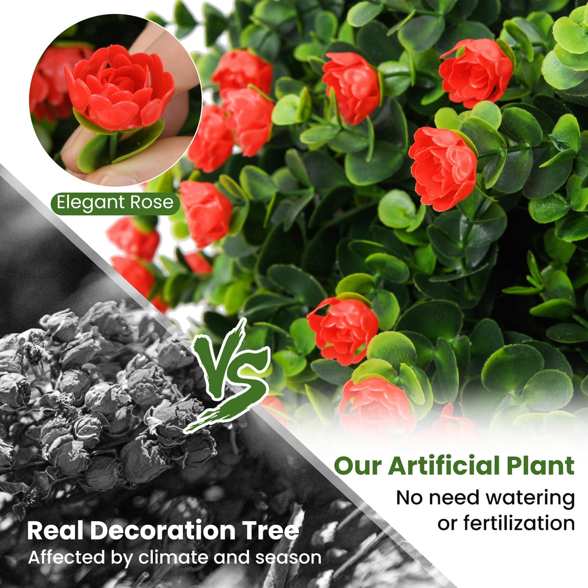 GOFLAME 21.5” Artificial Rose Topiary Ball Tree Set of 2