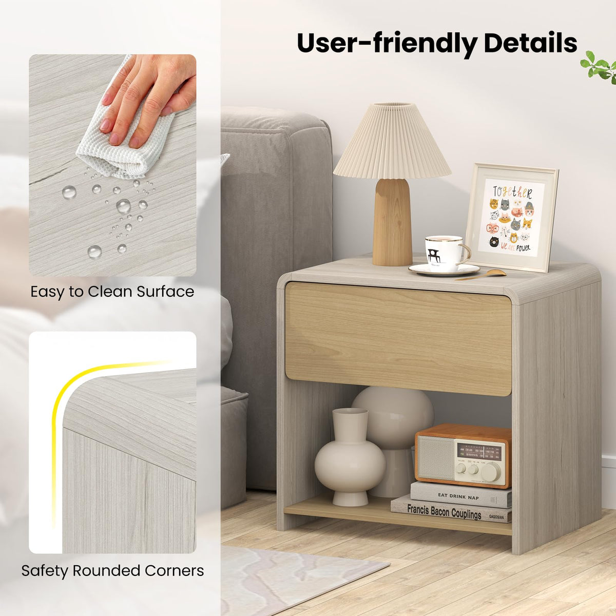 Goflame Modern Nightstand with Drawer Set of 1/2 Storage Open Shelf