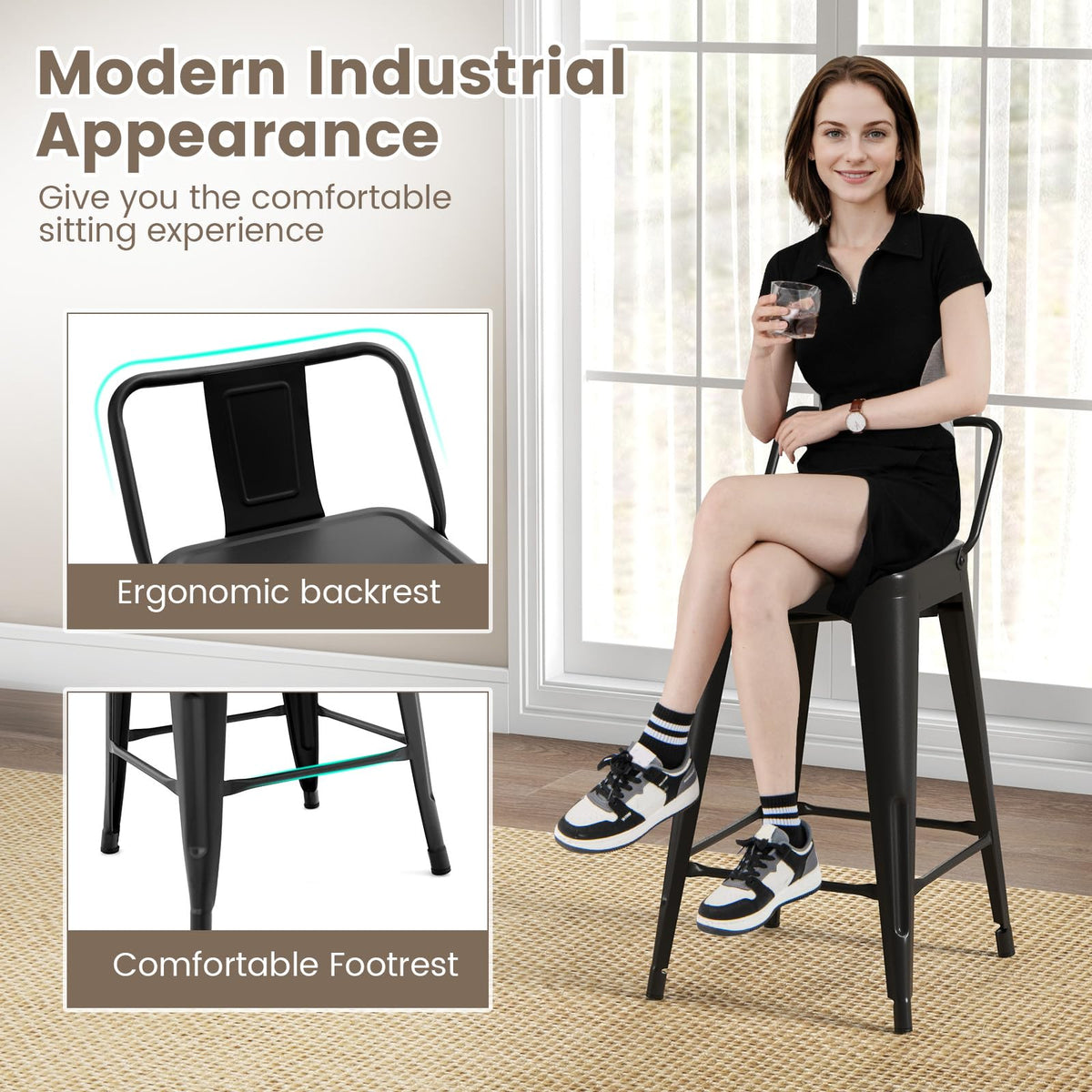 Goflame Metal Bar Stools Set of 4, 24" Counter Height Modern Industrial Barstools w/Removable Bucket Back & Footrest