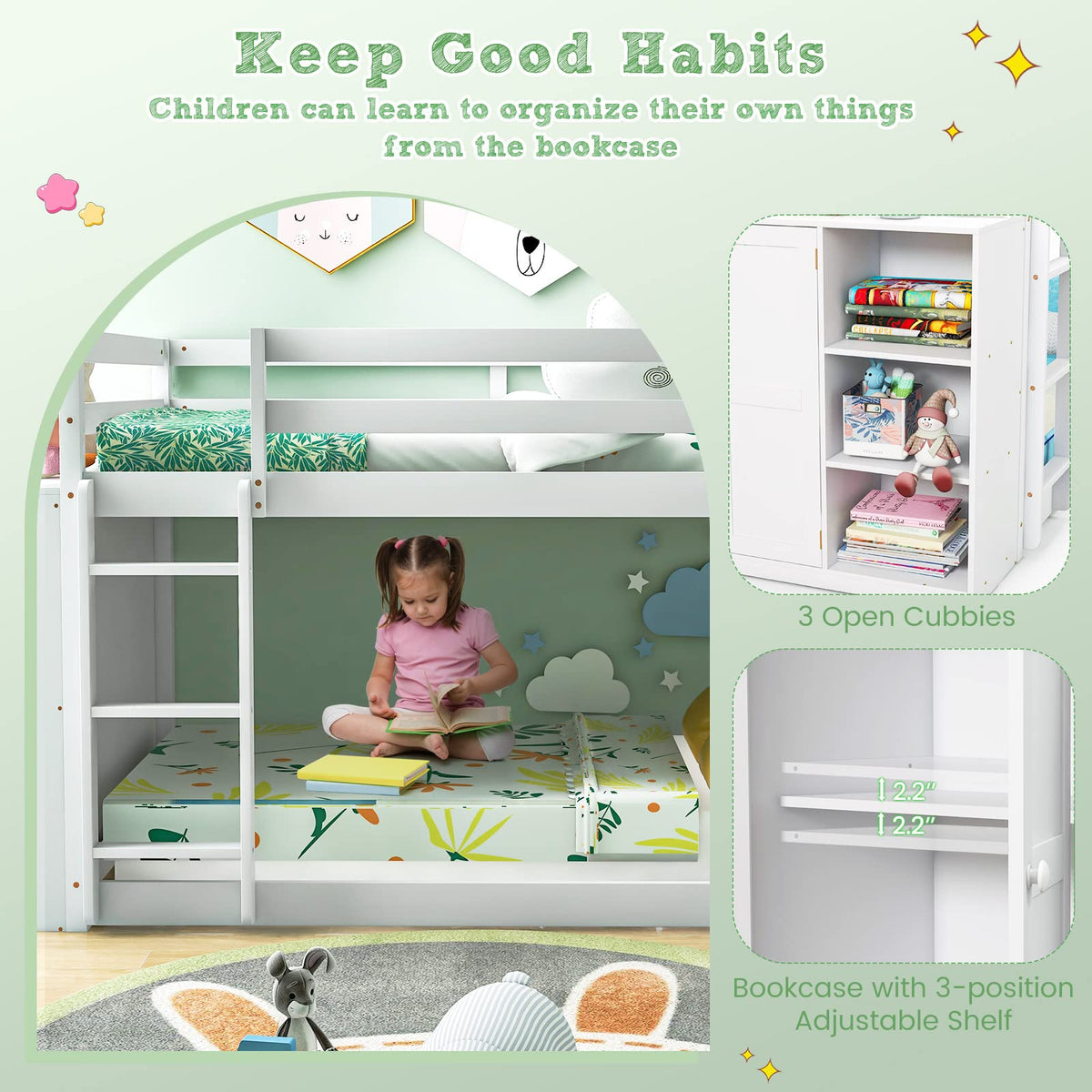 Goflame Twin Over Twin Bunk Bed with Storage Shelves, Solid Wood Bunk Bed Frame with Convertible Bookcase & Ladder, White