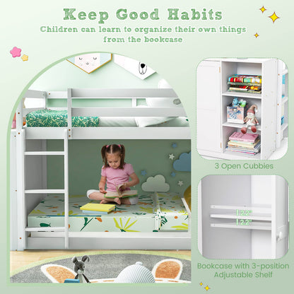 Goflame Twin Over Twin Bunk Bed with Storage Shelves, Solid Wood Bunk Bed Frame with Convertible Bookcase & Ladder, White