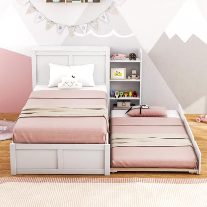 Goflame Full Bed Frame with Twin Trundle, Wooden Bed Wooden Bed Frame with 2 Rolling Bookcases & High Headboard