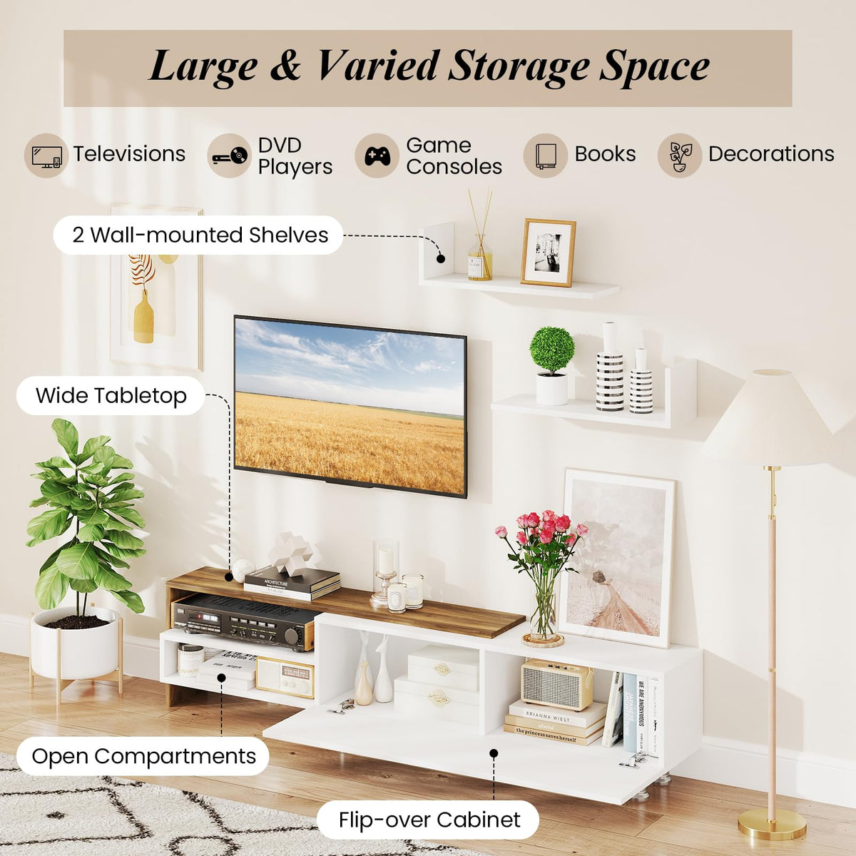 Goflame 80 Inch TV Stand and 2 Floating Shelves Set
