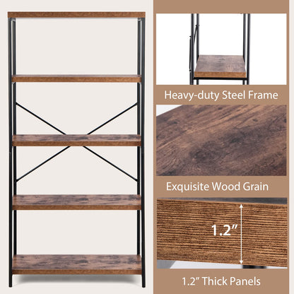 Goflame Industrial 5-Tier Wood Bookshelf - 63’’ Tall Open Storage Organizer Shelves with Anti-Tipping Device and Foot Pads