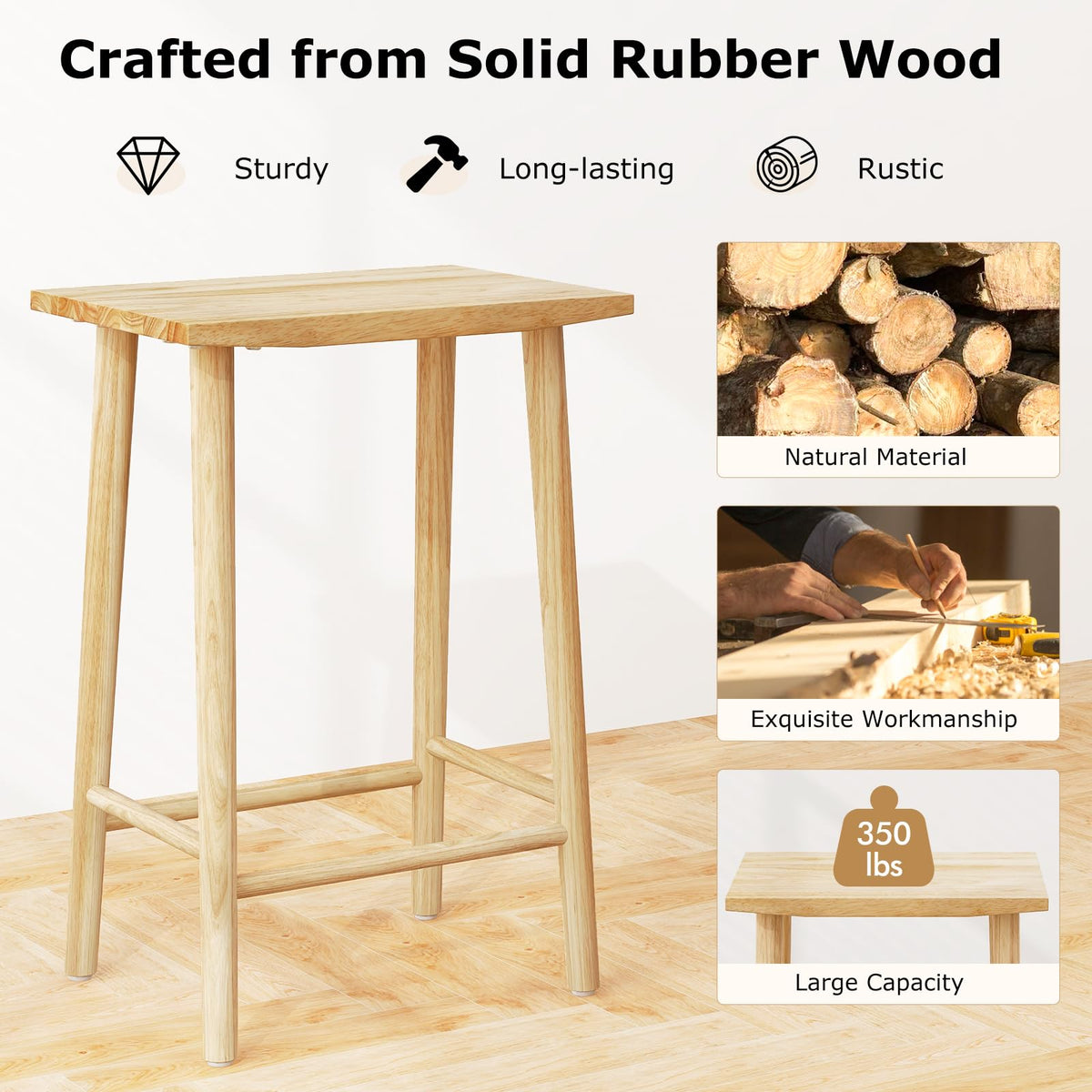 Goflame 25.5" Wooden Bar Stools Set of 2/4, Farmhouse Backless Counter Height Bar Stools with Footrest