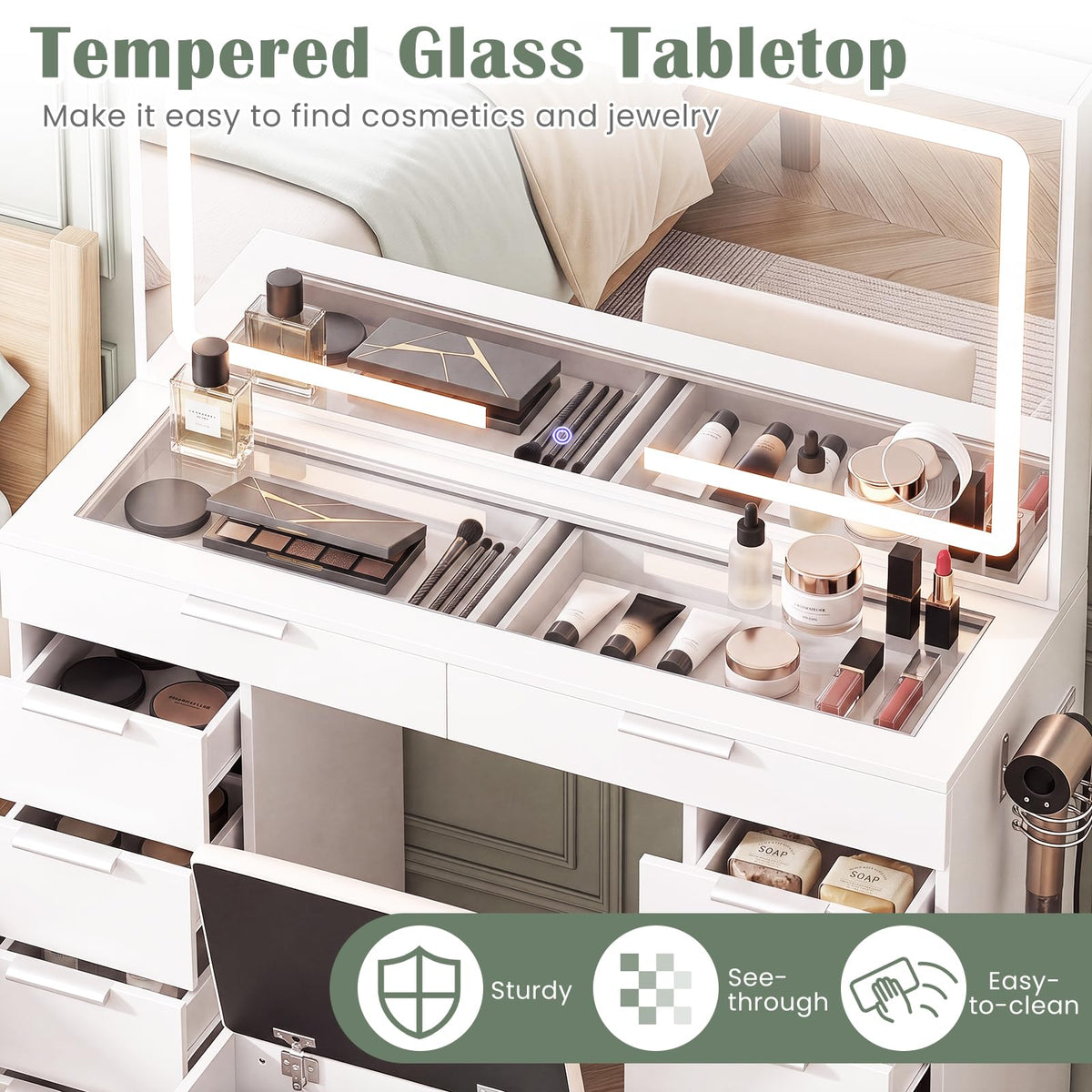 White Vanity Desk with Mirror, Lights, Charging Station, Glass Top