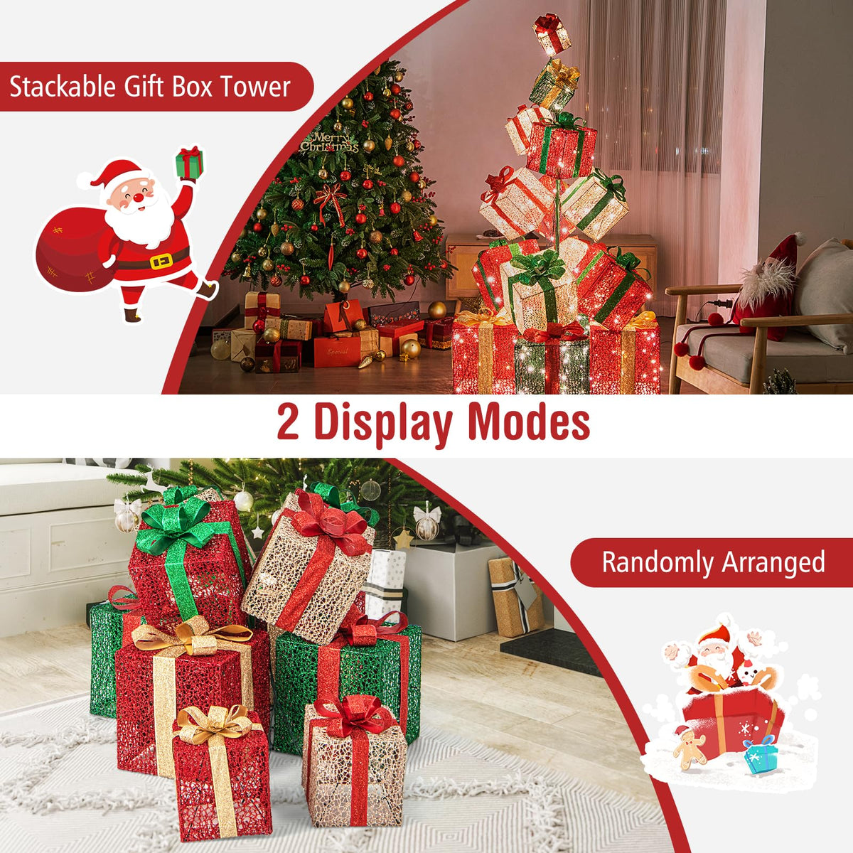 Goflame 15 Pieces Stackable Pre-lit Lighted Boxes Tower w/ 450 Warm White Lights