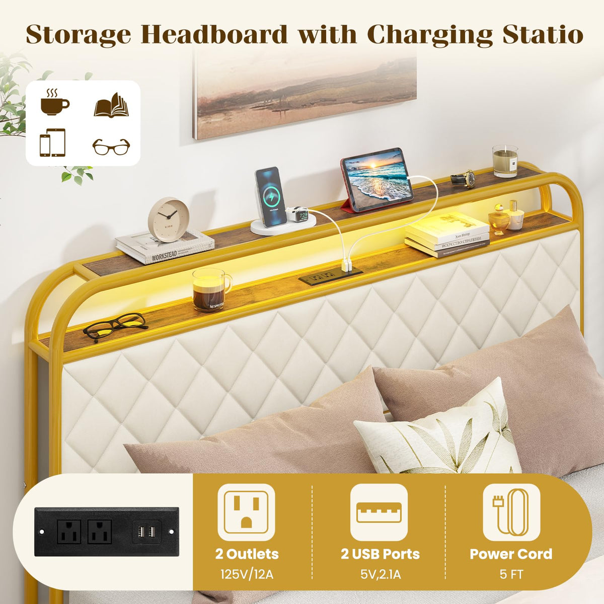Goflame Queen/Full/Twin Size Bed Frame with 4 Storage Drawers and Charging Station