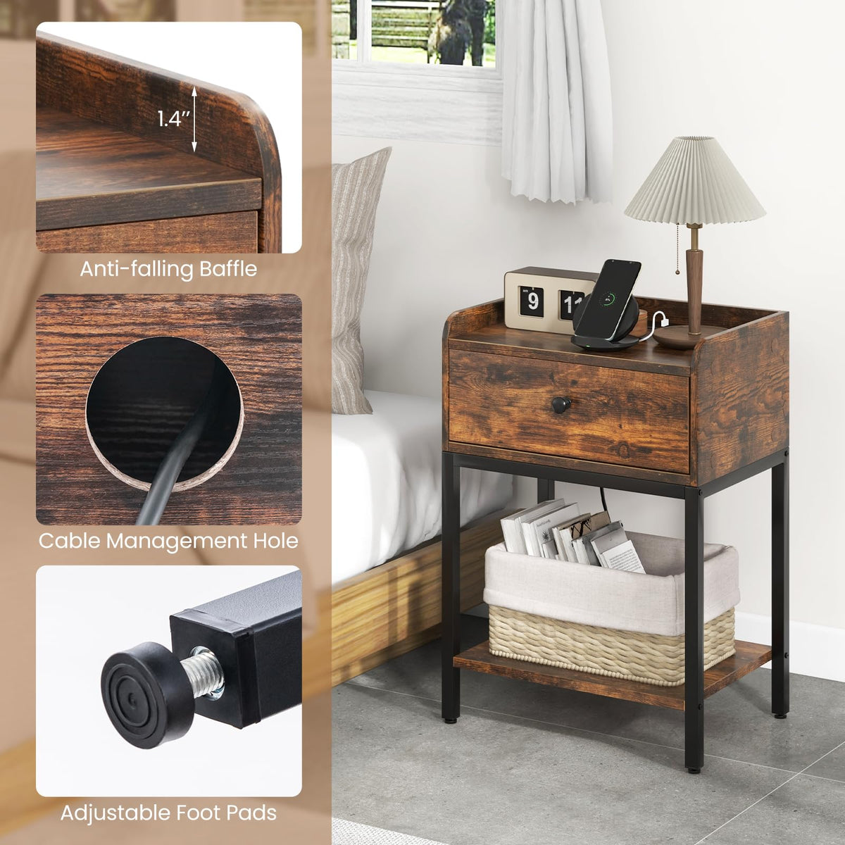 Goflame Nightstand with Charging Station, Industrial Bedside Table with Storage Drawer & Open Shelf