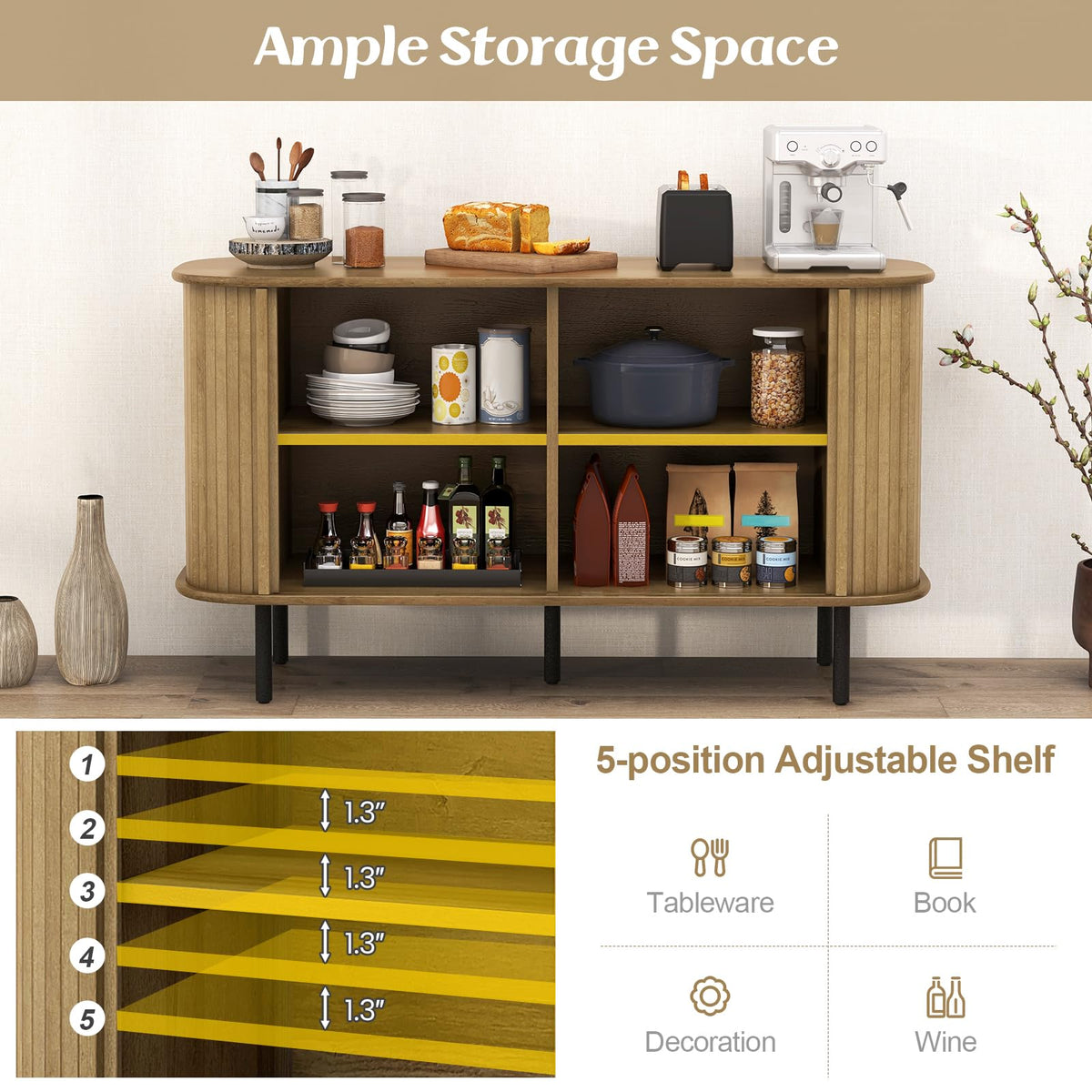 Goflame Kitchen Storage Cabinet, 47” Buffet Cabinet with Storage, Wooden Sideboard w/ 2 Sliding Tambour Doors