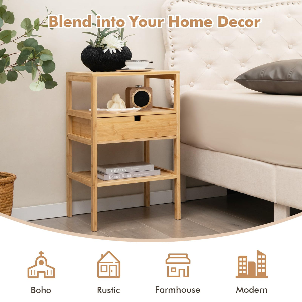 Goflame Nightstand Set of 1/2, Bamboo End Table with Drawer and 2 Open Shelves