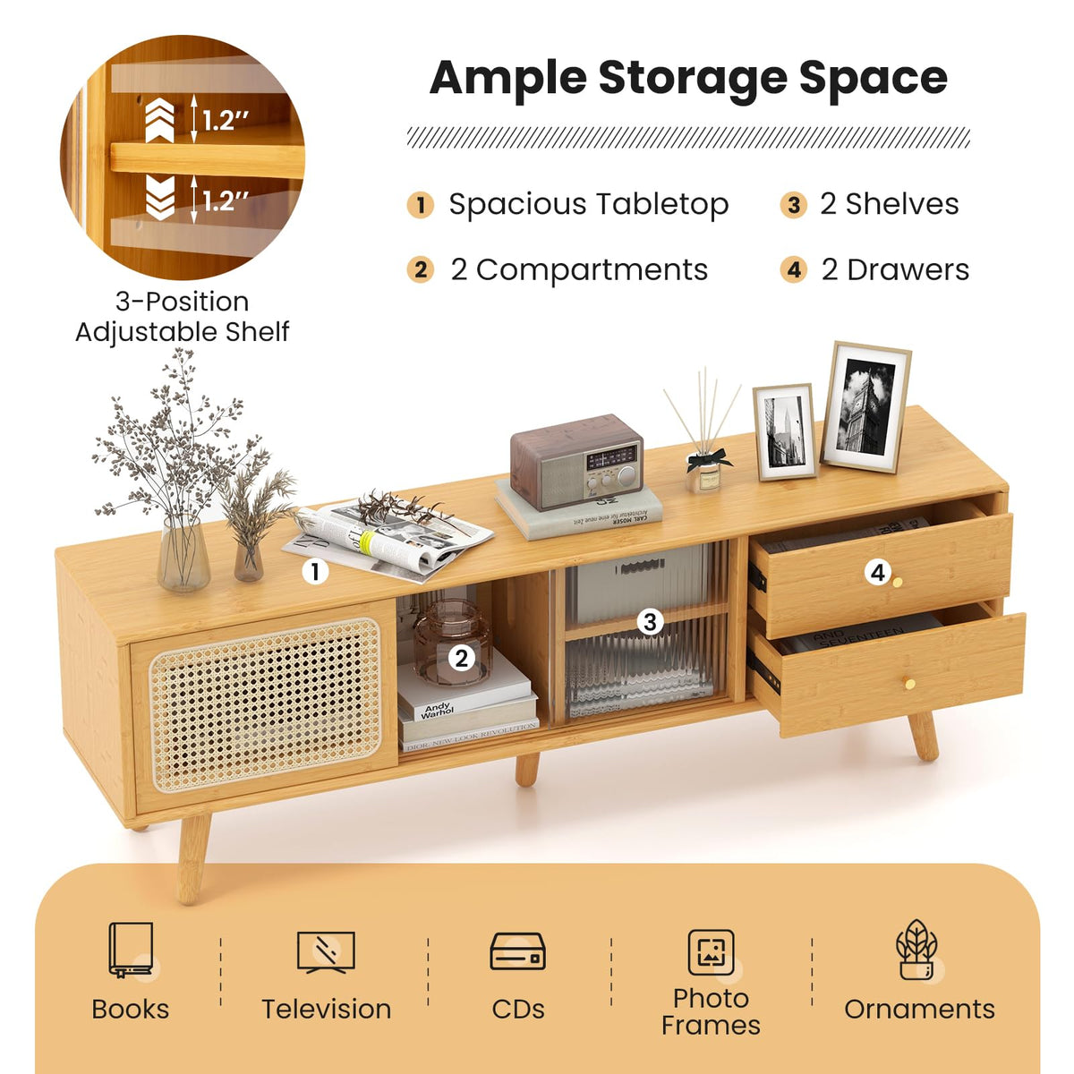 Goflame Bamboo TV Stand for 55 60 65 Inch TV, PE Rattan Entertainment Center with Sliding Doors