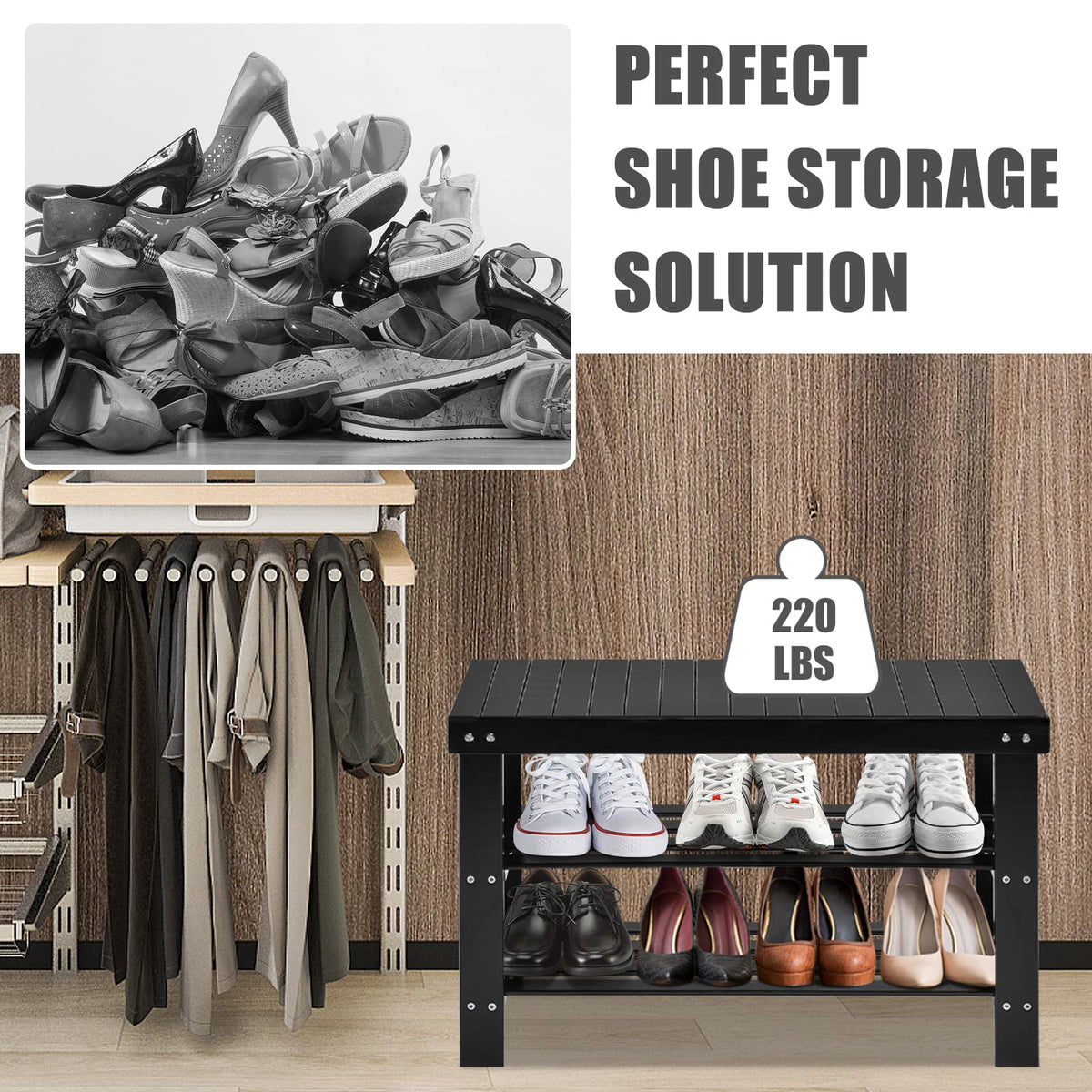 Goflame Entryway Shoe Bench, Bamboo Shoe Shelf Organizer Holds up to 6 Pairs