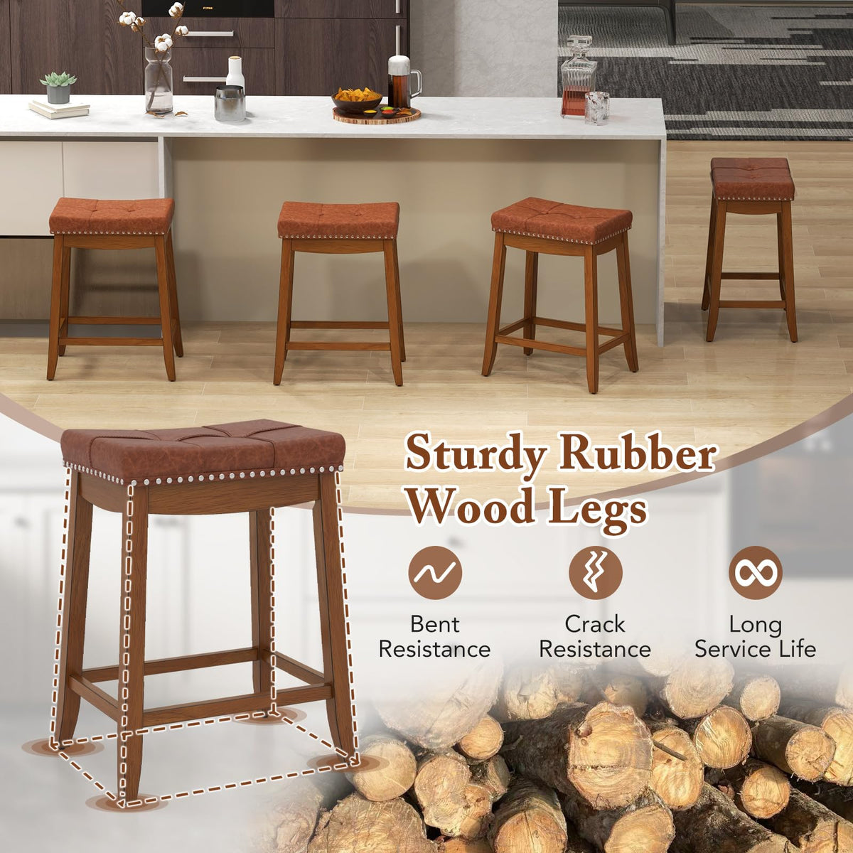 Goflame Bar Stools Set, 25" Counter Height Bar Stools w/Saddle Seat, Footrest, Rivet, Button Tufted, Rubber Wood Frame