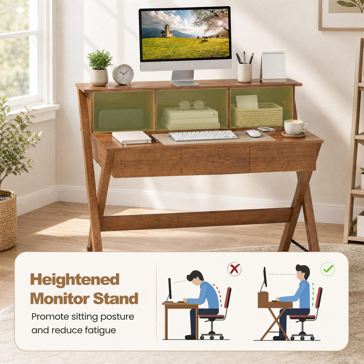 GOFLAME Study Writing Desk with 3 Storage Drawers for Bedroom