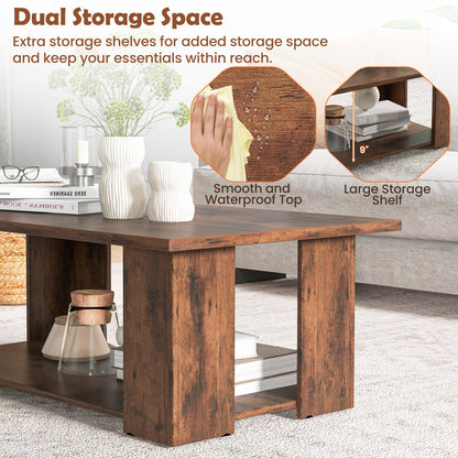 Goflame Rectangle Wood Center Table, 41" L 2-Tier Large Modern Tea Table w/Open Compartment