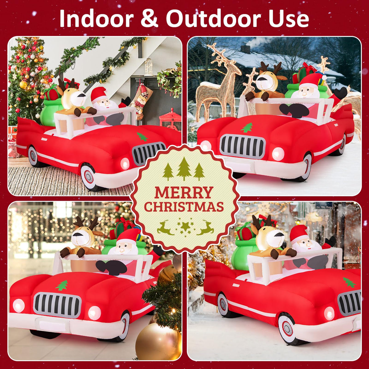 Goflame 7.7 FT Long Lighted Xmas Inflatable Santa Claus & Reindeer Driving Red Car Gift Boxes
