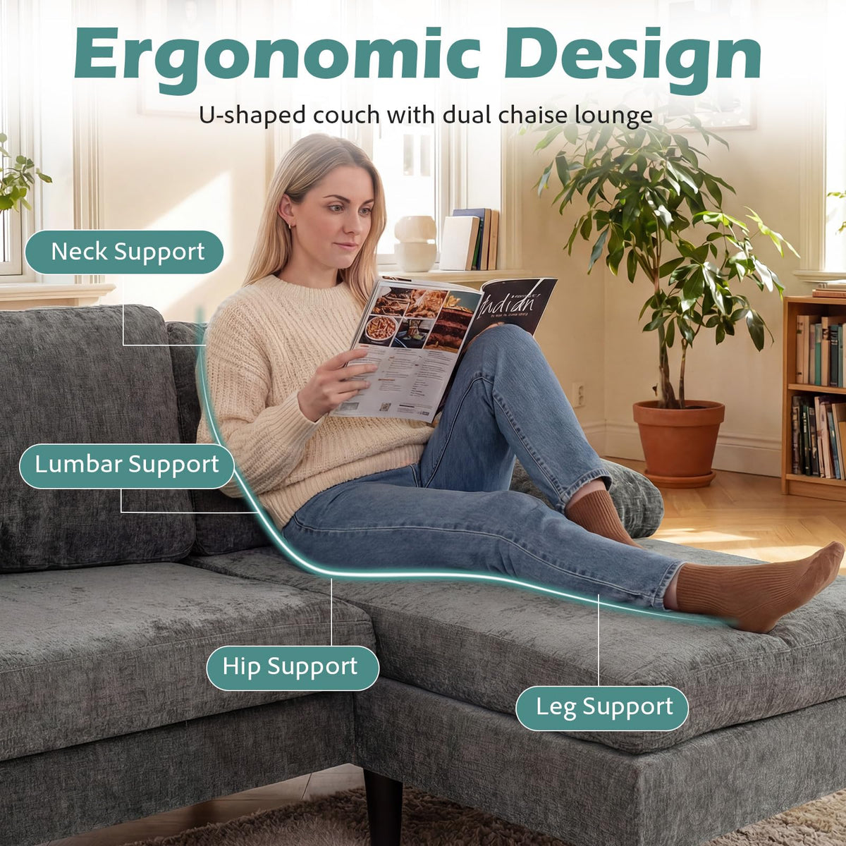 Goflame Sectional Couch for Living Room U-Shaped Sofa