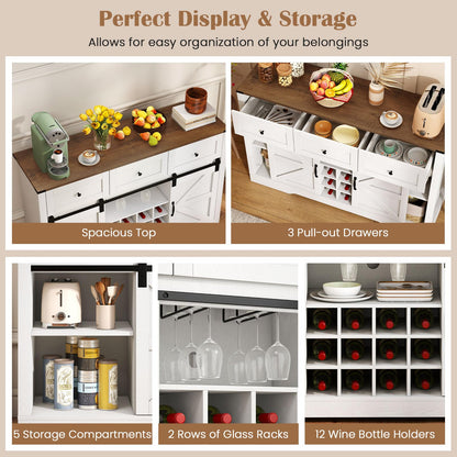 Goflame Wine Bar Cabinet with LED Lights 52" Buffet Sideboard w/Sliding Barn Door 3 Drawer