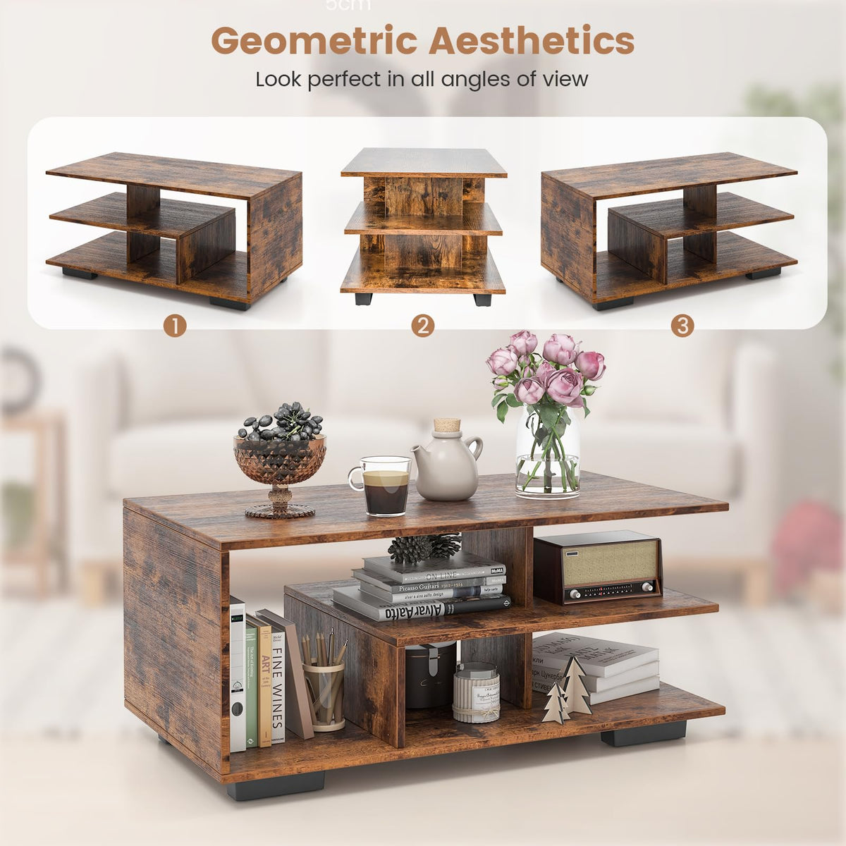 Goflame Coffee Table with Storage, Modern Rectangular Accent Table with L-shaped Middle Shelf