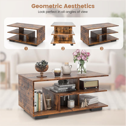 Goflame Coffee Table with Storage, Modern Rectangular Accent Table with L-shaped Middle Shelf