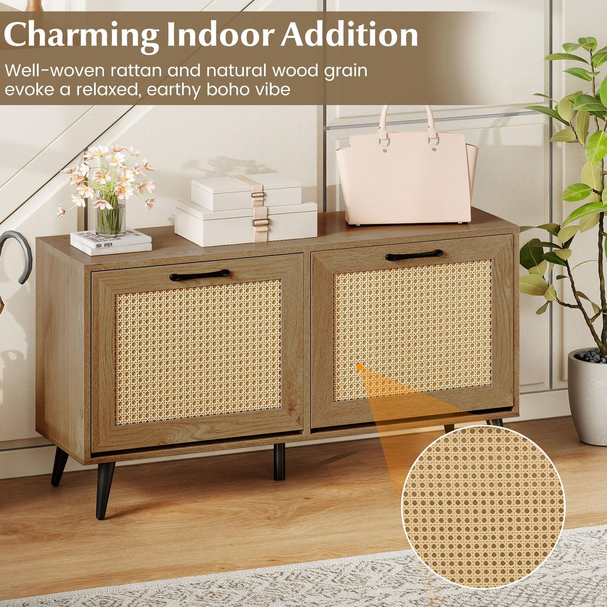 Goflame Rattan Shoe Cabinet with 2 Flip Drawers