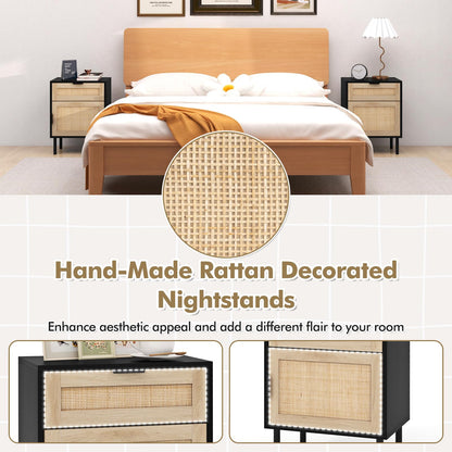 Goflame Rattan Nightstand Set of 2, Mid Century Modern End Table with Drawer & Cabinet, Sofa Side Table with Sturdy Metal Legs