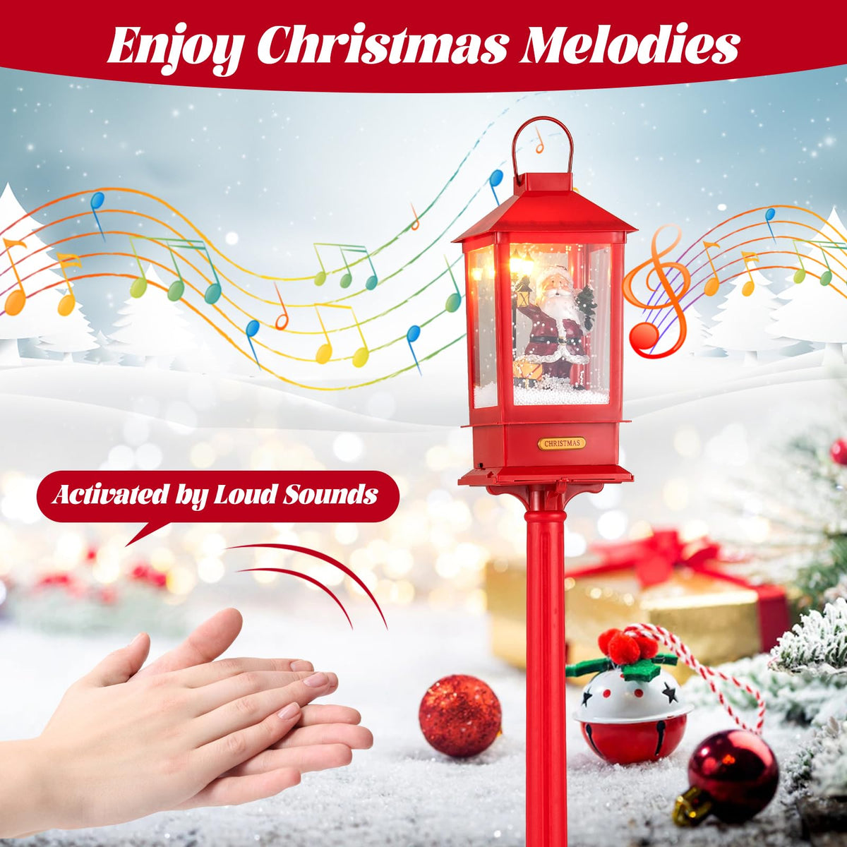 Goflame 61 Inch Christmas Street Lamp, Festive Musical Lamp Post w/Detachable Snow Globe Lantern