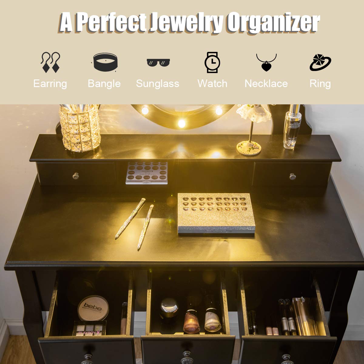 Vanity Set with 360° Rotating Oval Makeup Mirror, Dressing Table & Cushioned Stool Set with 5 Sliding Drawers & 12 LED Lights