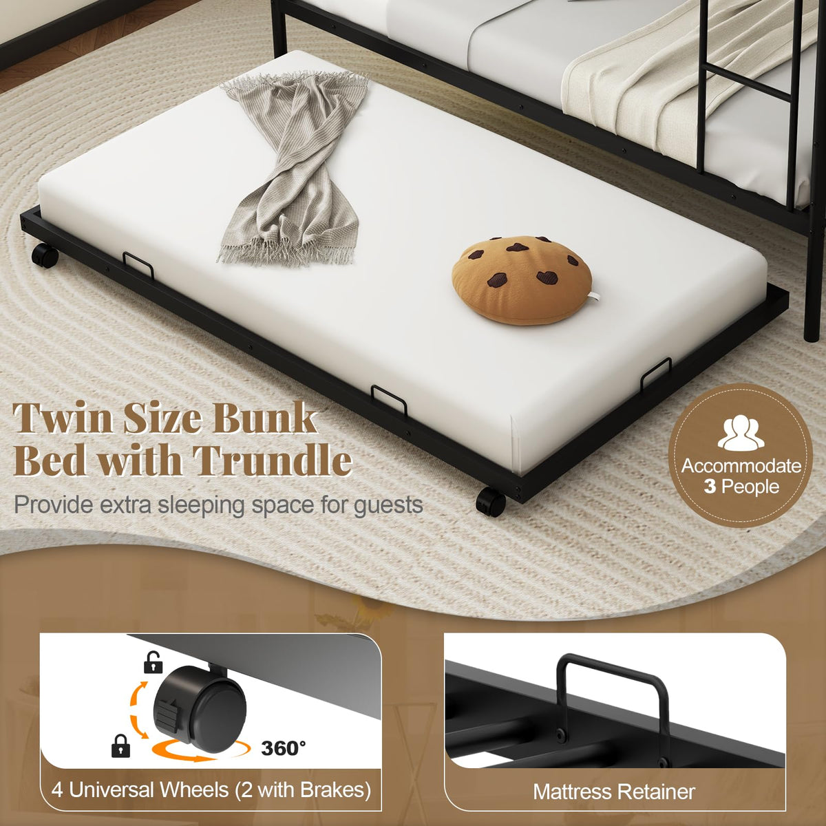 Goflame Metal Twin Over Twin Bunk Bed with Trundle