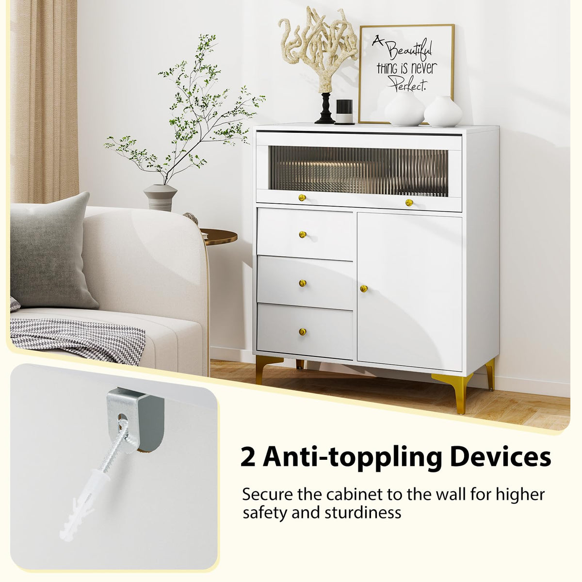Goflame 3-Drawer Modern Storage Cabinet with 2 Doors
