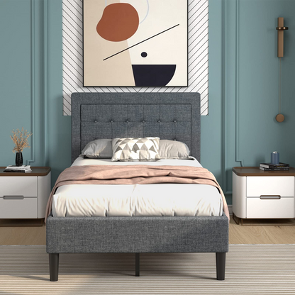 Modern Twin Size Platform Bed w/Button Tufted Headboard | Upholstered Bed Frame