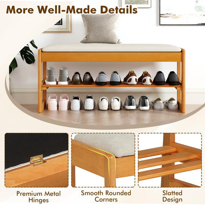 Goflame Rubberwood Shoe Rack Bench with Linen Seat Cushion