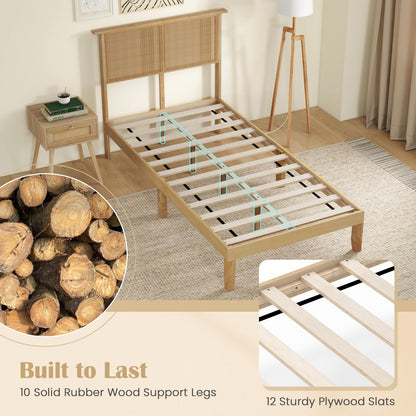 Goflame Queen/Full/Twin Size Bed Frames with Rattan Headboard, Boho Solid Wood Platform Bed with Wooden Slats