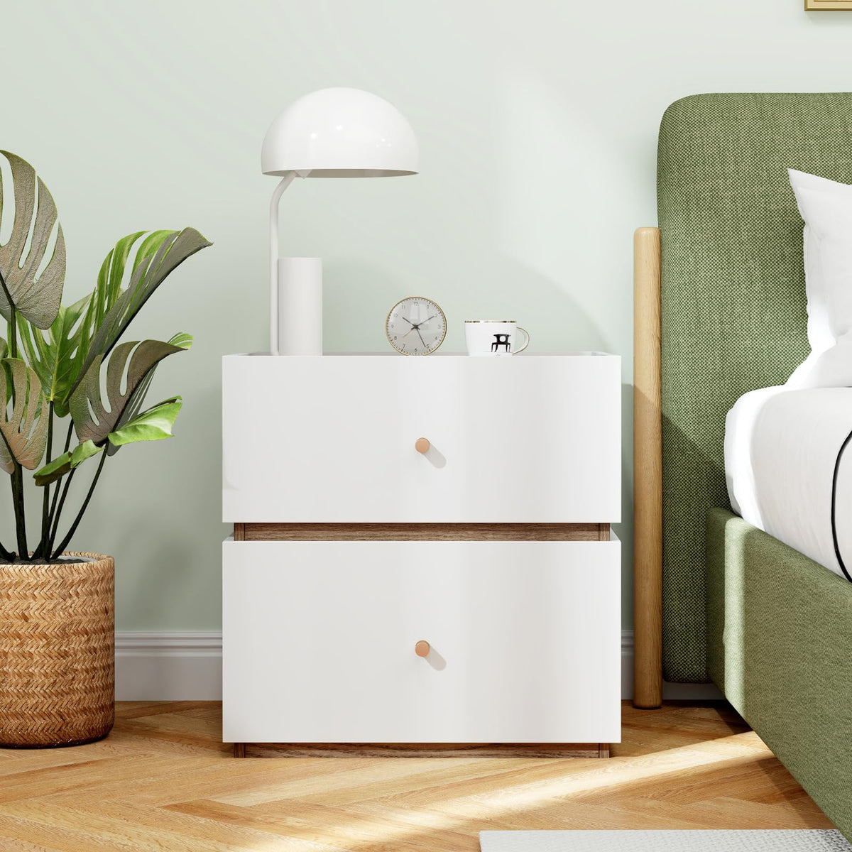 Goflame Modern Nightstand with 2 Storage Drawers, Wooden Night Stand with Raised Edge