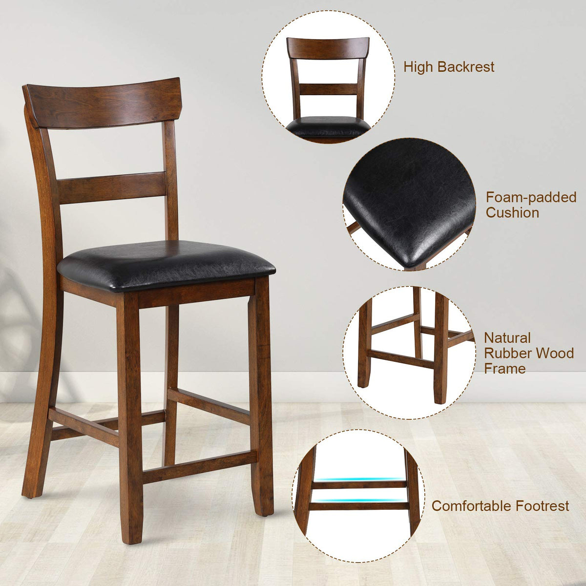 Goflame 25.5-Inch Counter Height Chair with Backrest, Foam-Padded Cushion, Rubber Wood Legs