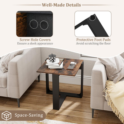 Goflame Rustic Brown Square Industrial Side Table w/T-Shape Metal Frame
