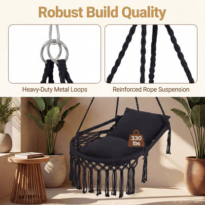 Goflame Macrame Hammock Chair w/Removable Cushions & Sturdy Metal Ring