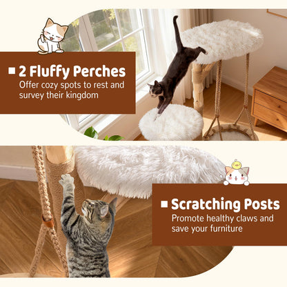 48.5" Solid Wood Cat Tree, Natural Branch Modern Kitten Tower w/ Hanging Cradle, Jute Scratching Post, Perch, Padded Platform, Soft Plush, Luxury Condo, 4-Tier Indoor Cat Climbing Furniture