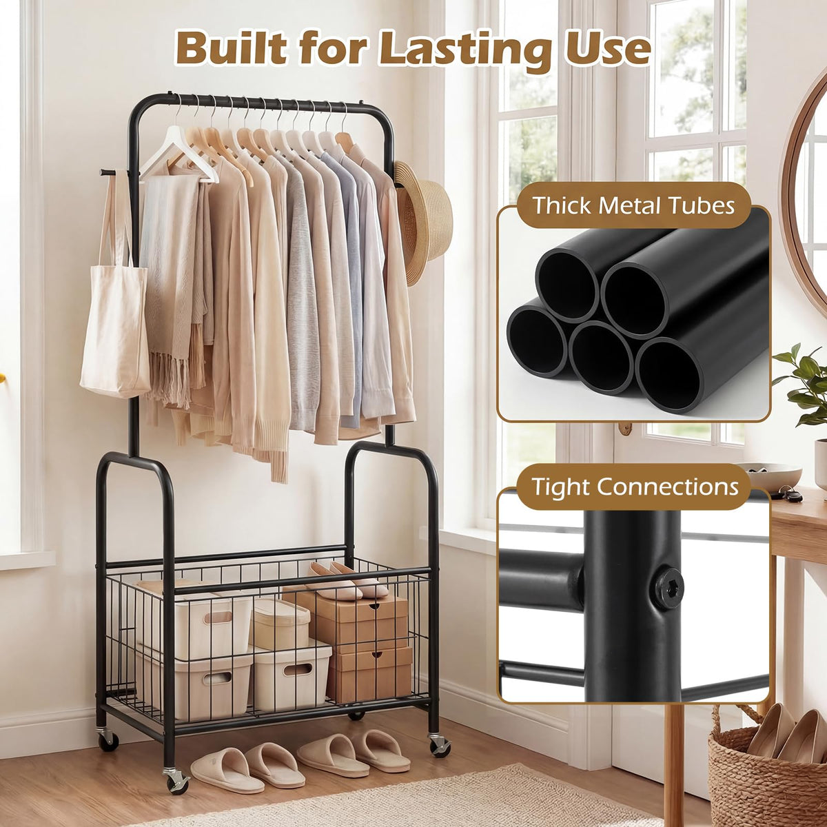 Goflame 35" Clothes Rack with Storage Basket & Lockable Wheels