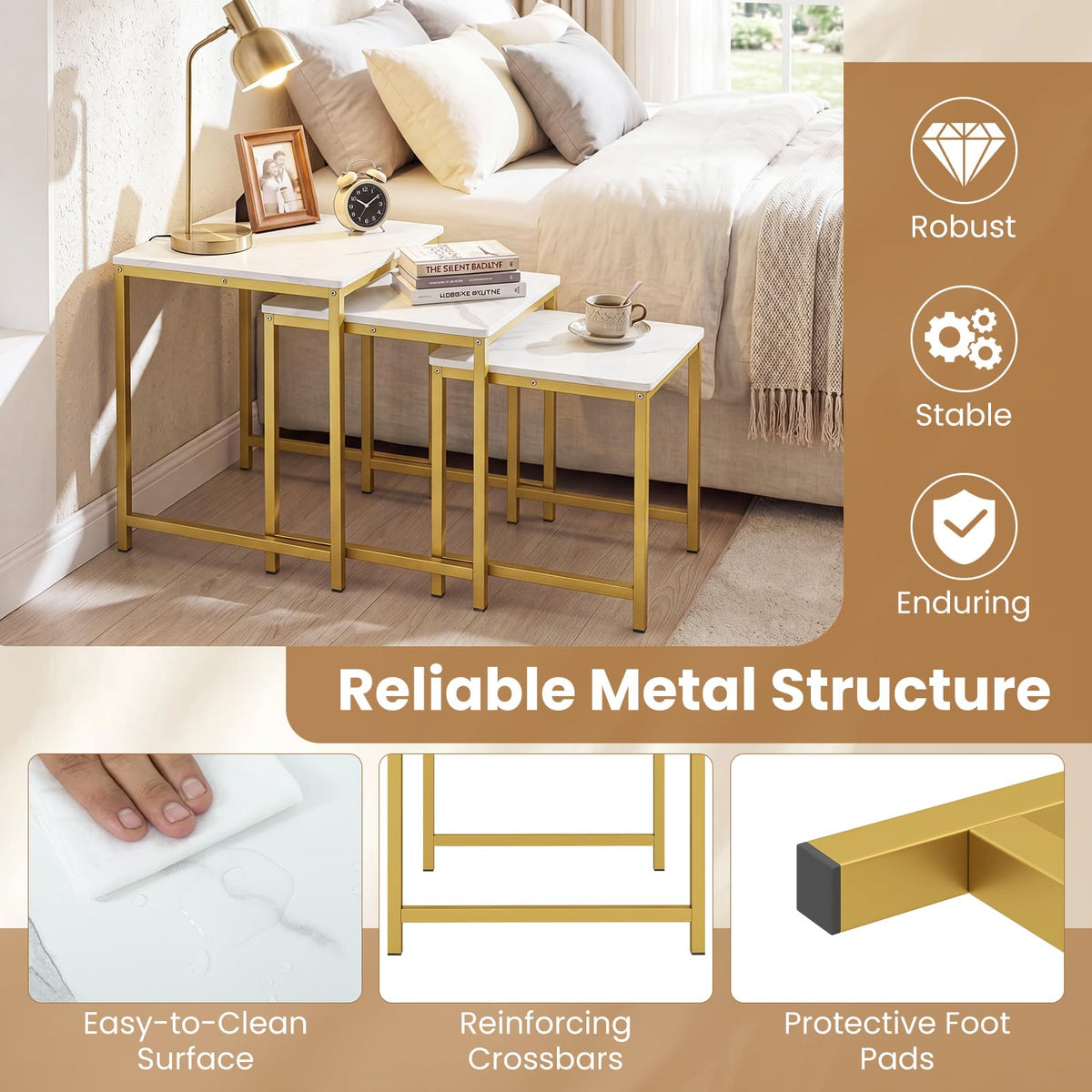 Goflame Nesting Coffee Table Set of 3 | Faux Marble Coffee Table with Metal Frame