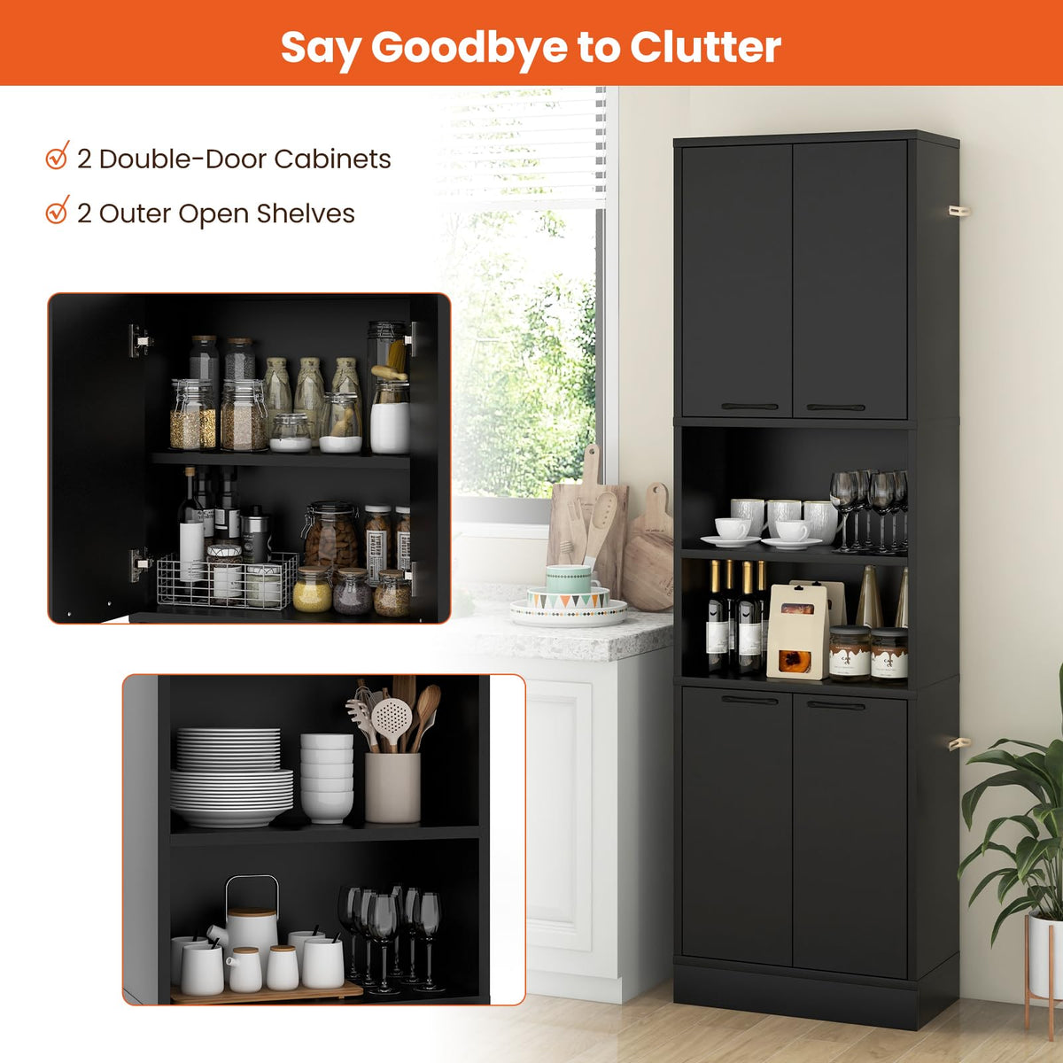 Goflame Kitchen Pantry Cabinet, 75” Tall Freestanding Cupboard with Doors & Shelves