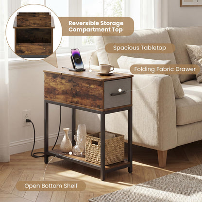 Goflame Narrow Side Table with Charging Station and LED Lights Industrial End Table