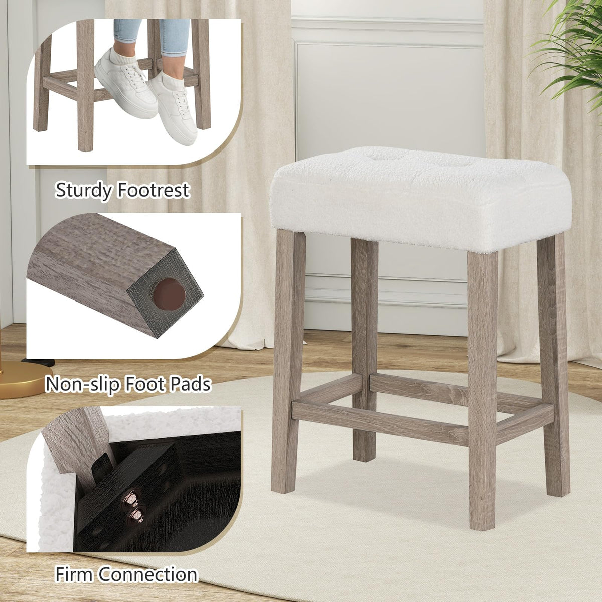 Goflame Sherpa Bar Stools, 24" Counter Height Kitchen Bar Stools with Cushioned Seat