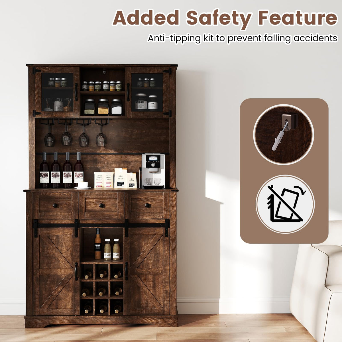 Goflame 72" Farmhouse Coffee Bar Cabinet w/Glass Doors & Wine Racks